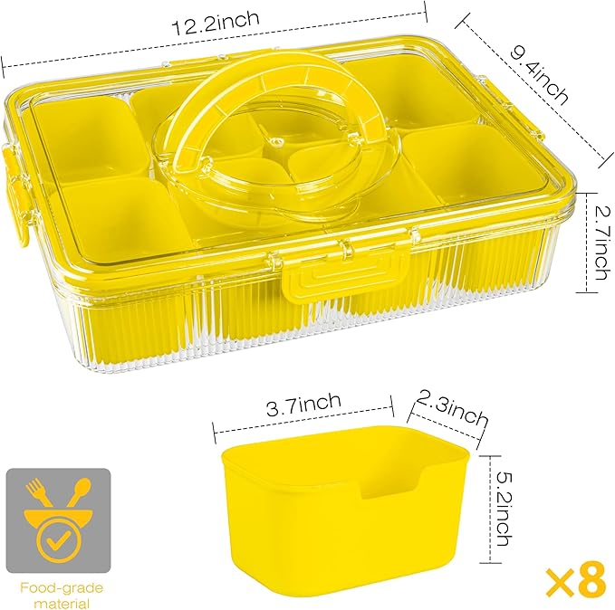 Patent Divided Serving Tray with Lid & Handle - Snackle Box Organizer for Charcuterie, Veggies, Fruits, Candy - Portable Food Storage for Travel, Beach, Picnics（1 pcs, Yellow）