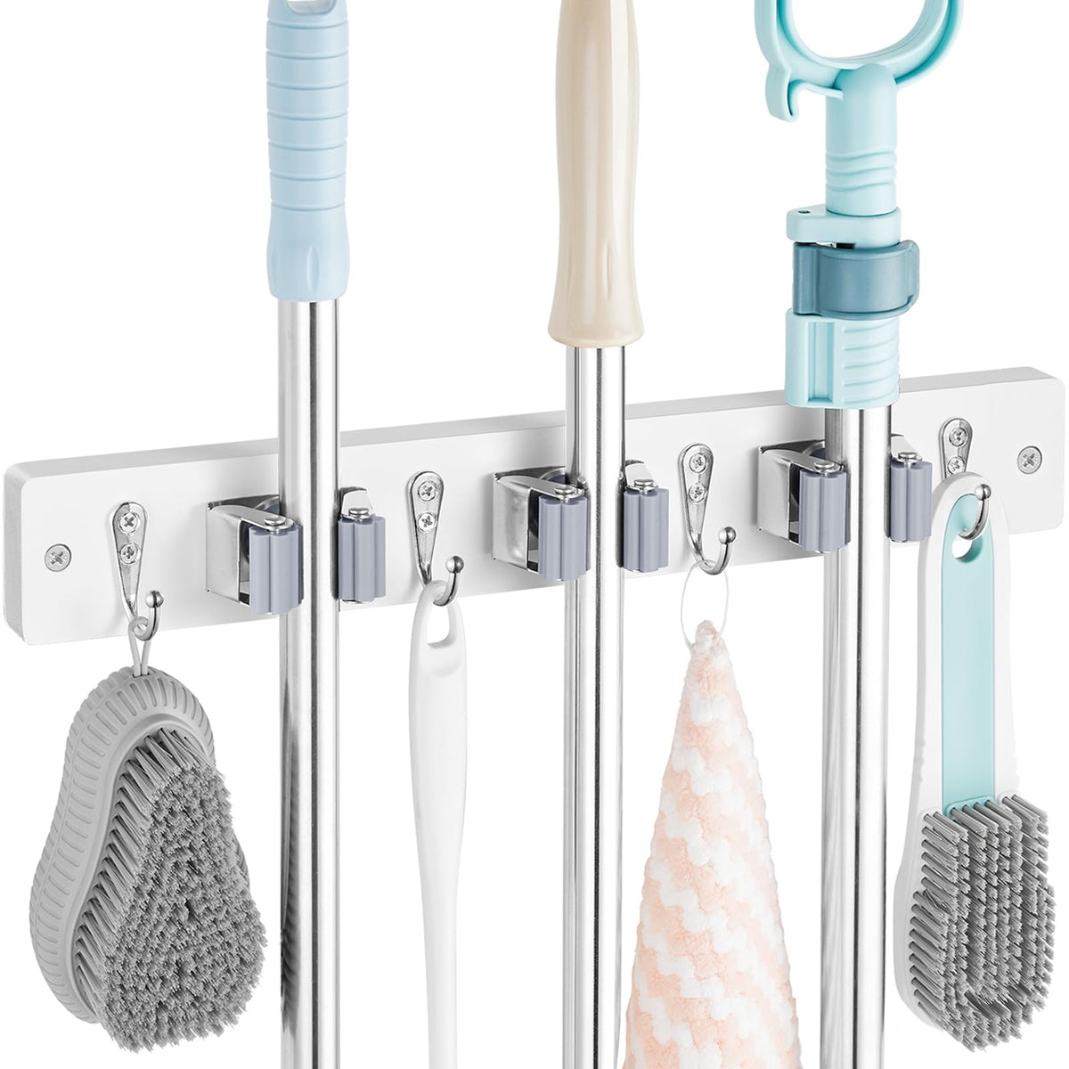 White Mop Broom Holder Wall Mount with 3 Slots & 4 Hooks