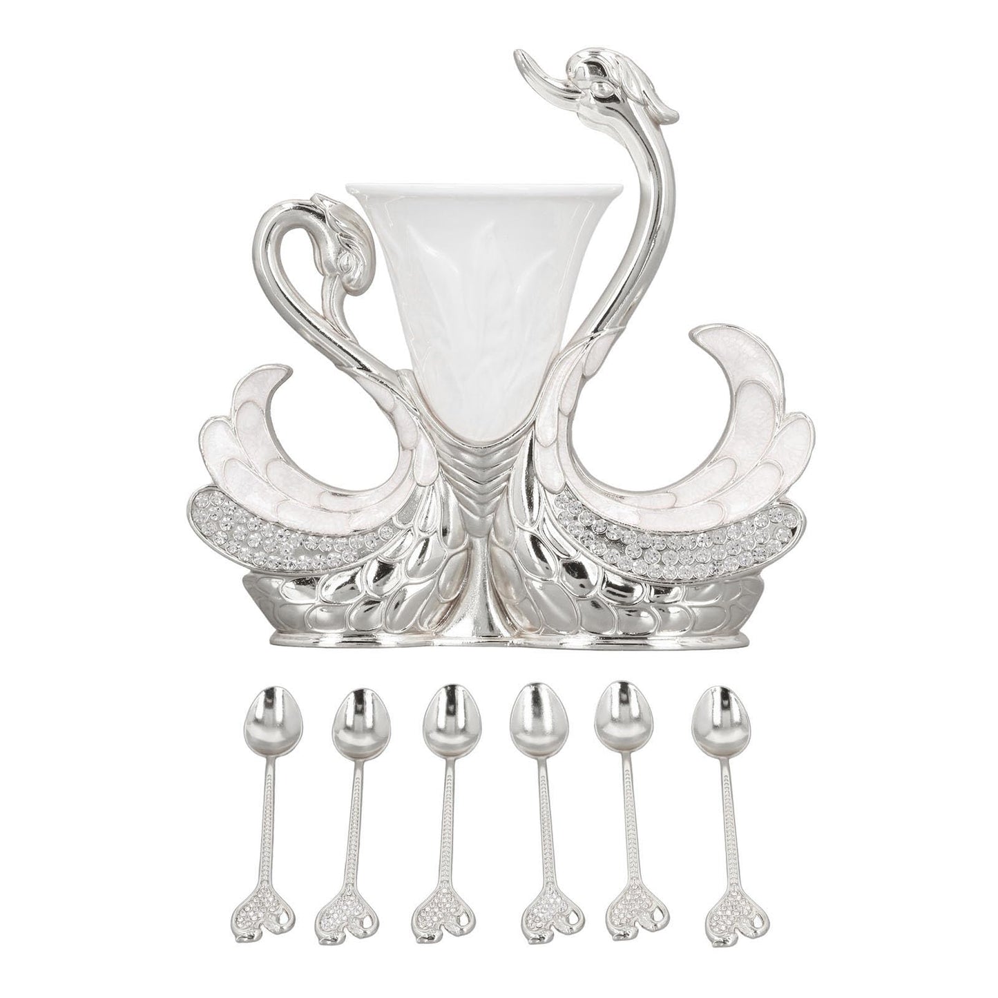 Coffee Dessert Spoon Fork Set, Swan Base Holder Dinnerware Set with 6 Spoons, Luxury Exquisite Elegant Swan Shape Spoon Holder, Zinc Alloy Decorative Swan Flatware for Coffee