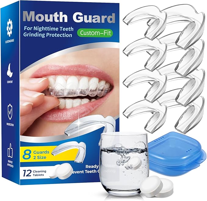 Mouth Guard for Grinding Teeth at Night, Night Guards for Bruxism, Mouthguards for Grinding of Teeth Nighttime, Dental Bite Guard for Adults of Clenching Teeth, 8 Pack with 12 Cleaning Tablets