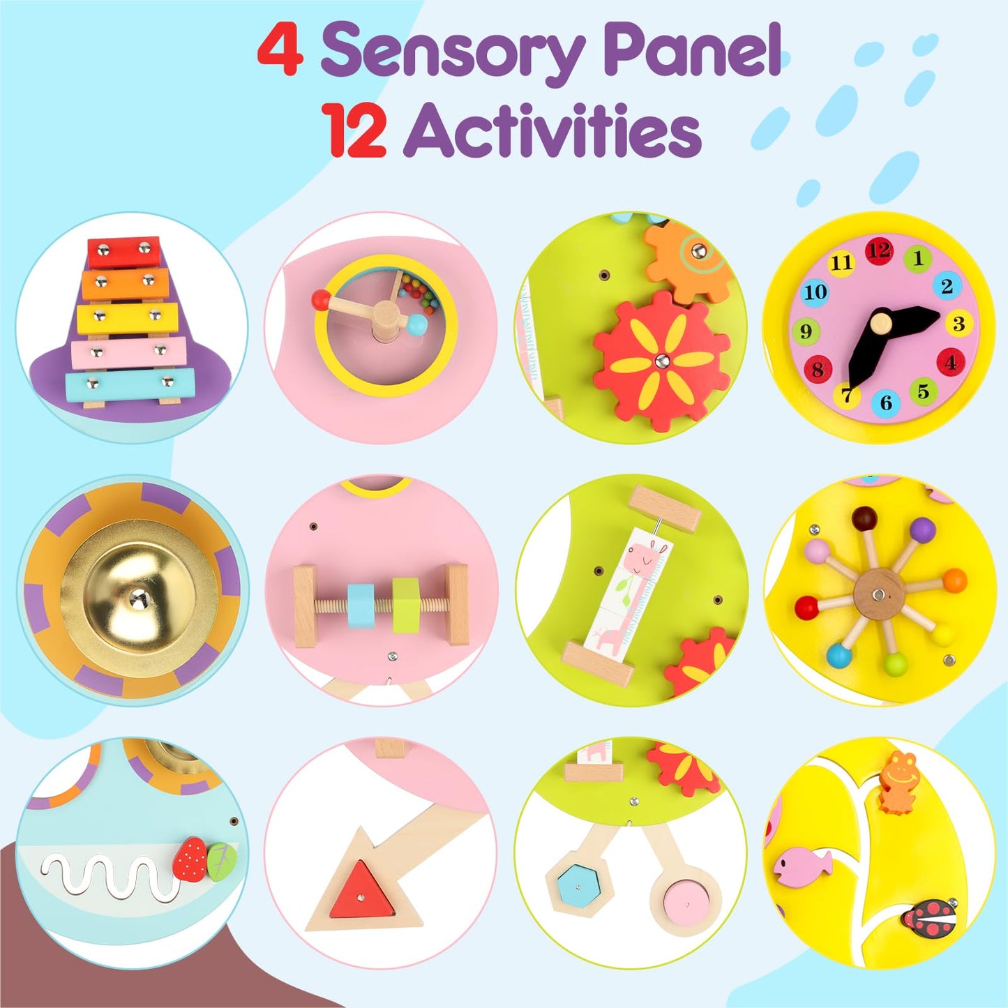 Sinpedex Caterpillar Activity Wall Busy Board for Kids:12 in 1 Sensory Wall Panel for Toddler,Wooden Montessori Educational Toys for Playroom Daycare Nursery Classroom
