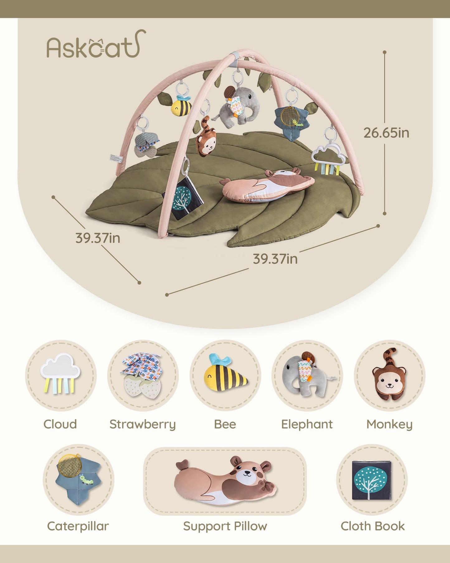 Infant Activity Center for Newborn to Develop Motor Cognition Leaves Leaf-Shaped Baby Play Gym & Activity Mat Extra Large Tummy Time Mat with 8 Detachable Toys
