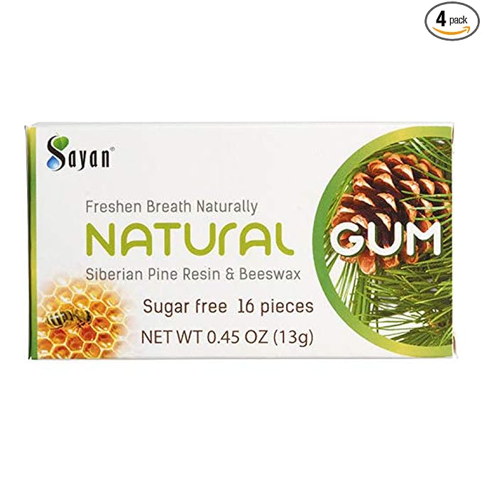 Sayan Sugar Free All Natural Gum, Siberian Pine Tree Resin and Beeswax Chewing Gum for Fresh Breath, Vegetarian, Non-GMO, No Sugar, Gluten Free, Aspartame Free, No Preservatives - 4 Packs (64 Pieces)