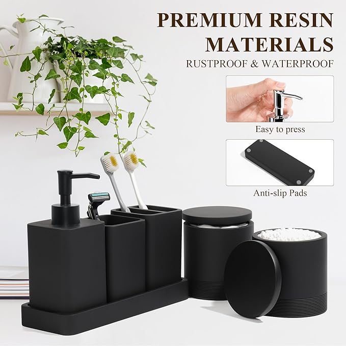 Bathroom Accessories Set, 6 Piece Bathroom Set with Toothbrush Holders, Soap Dispenser, Vanity Tray, Tumbler, Cotton Swab Jars, Bathroom Organizer，Bathroom Sink Sets, Matte Black