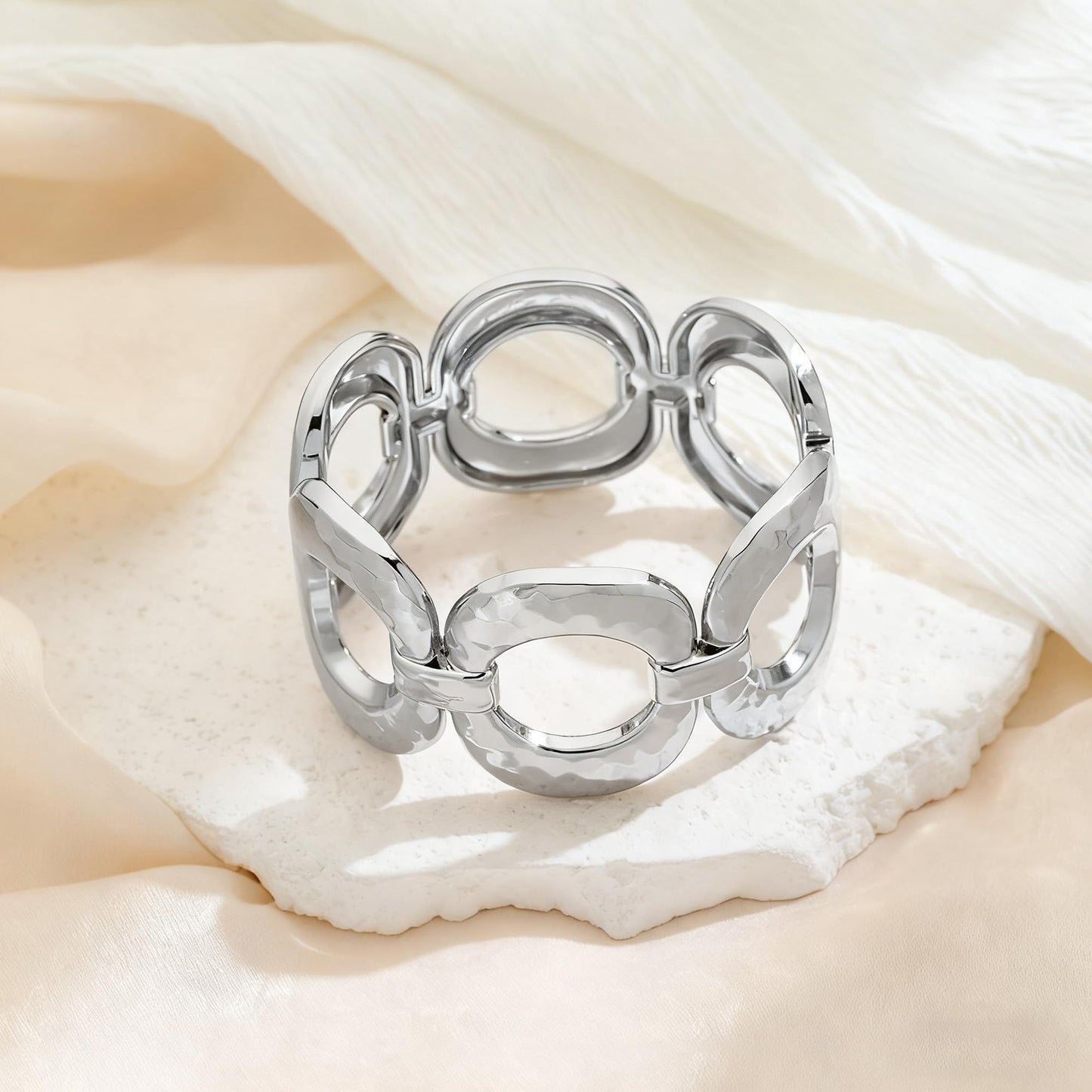 MIJENITI Silver Chunky Bangle Bracelets for Women Thick Wide Ellipse Bracelets Vintage Statement Jewelry Hammered Wrist Arm Cuff Bracelet
