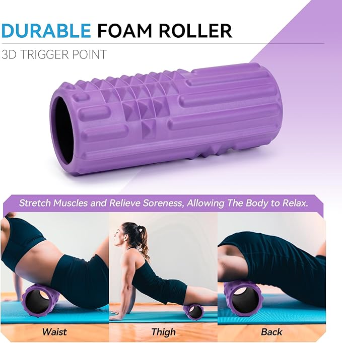 5 in 1 Foam Roller Set, Trigger Point Back Roller, Muscle Roller Stick, Massage Ball, Massage Roller, Resistance Band for Deep Tissue Massage Fitness Exercise Yoga Pilates(Purple)