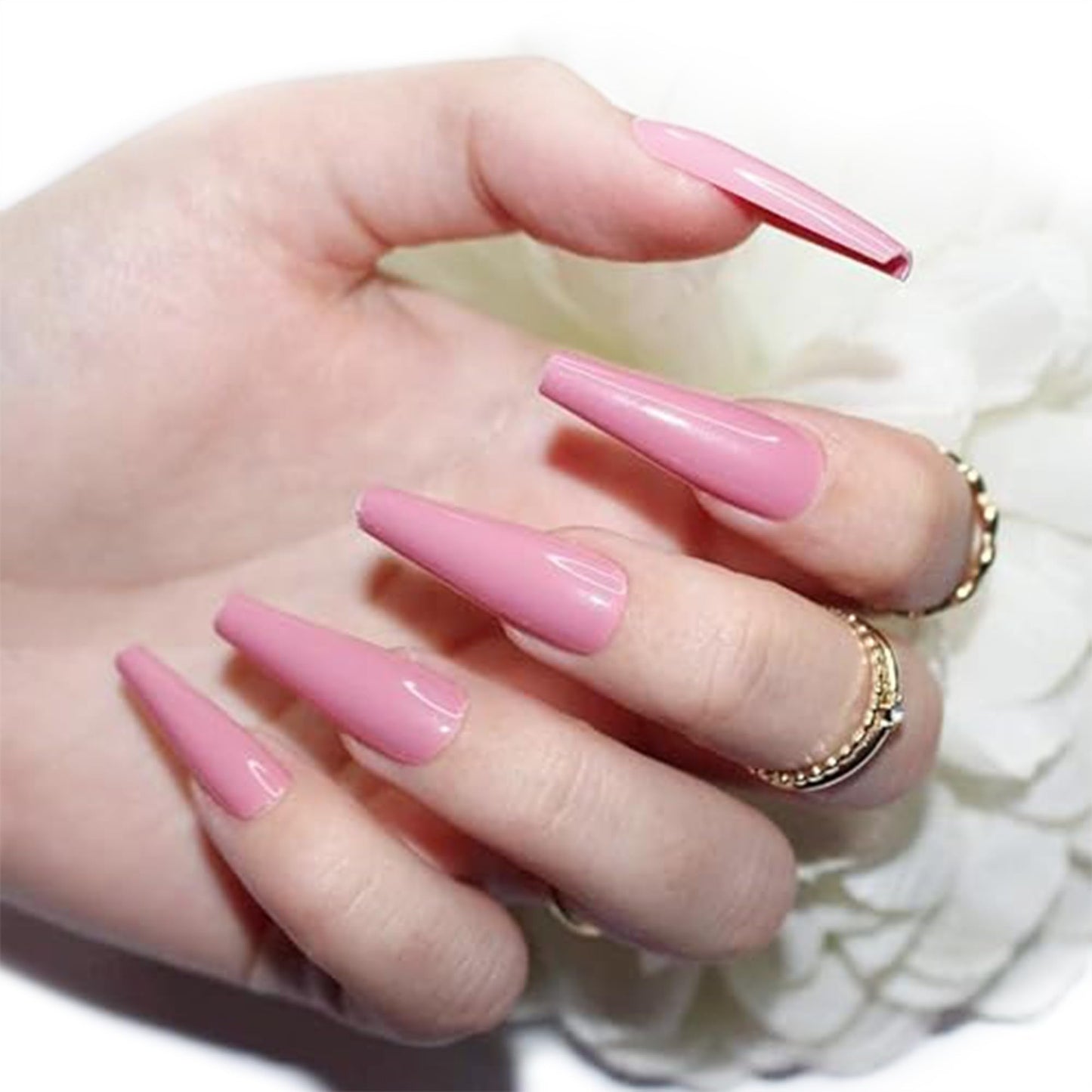 Allkem Press on Nails Extra Long Ballerina (20 Pieces) - Glossy Nail Extensions Kit - 10 Sizes Glue on Fake Nails (Rose Pink)