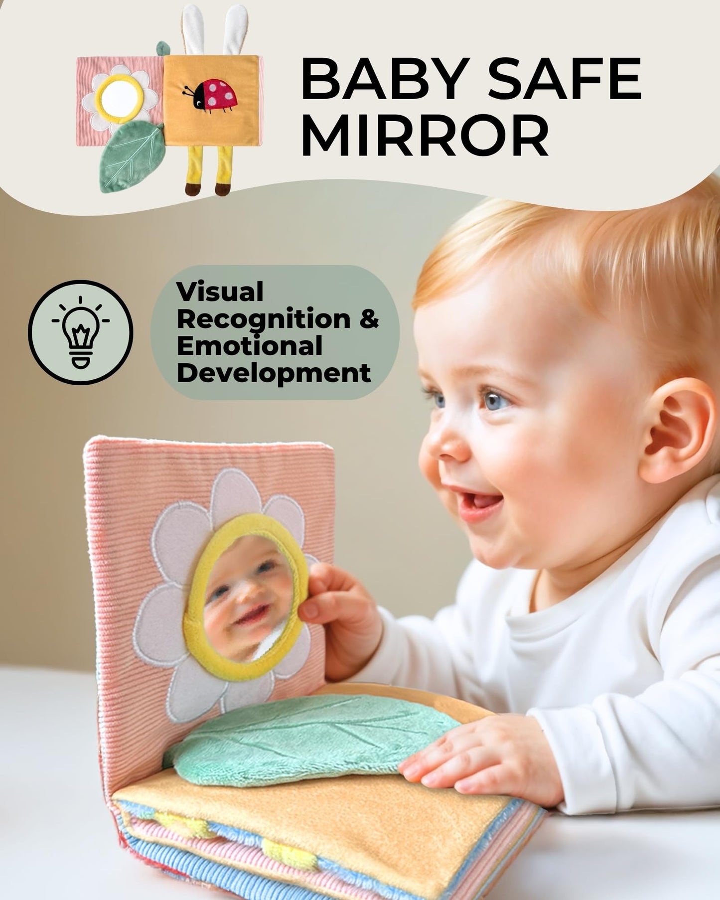 Toodly Cute Soft Baby Book with Mirror, Activities, Touch and Feel & Crinkle Pages - Interactive Sensory Cloth Toy for Babies 0-6, 6-12 & 12-18 Months - Adorable Animal Themes for Early Development