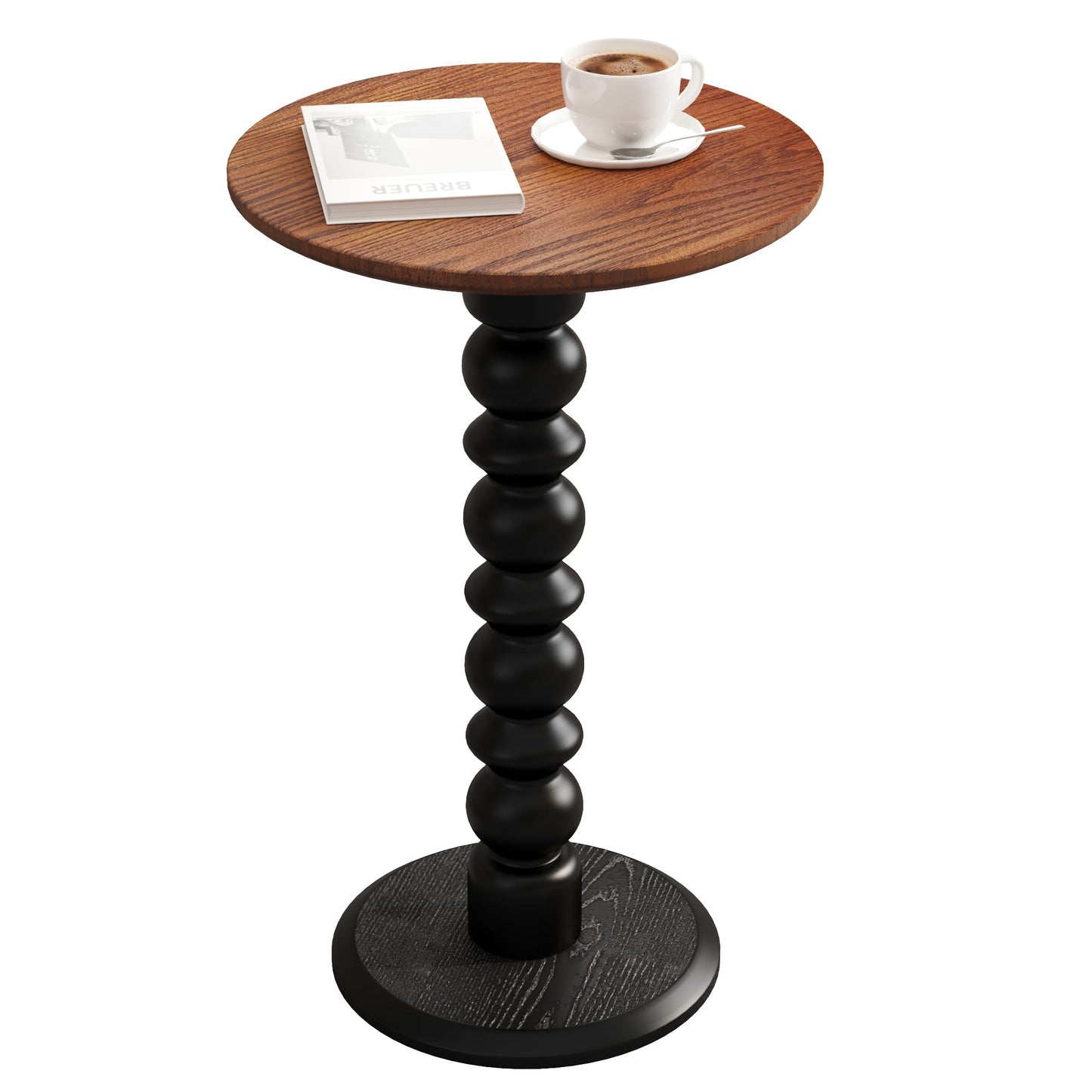 zaowofires Solid Wood Round Side Table, Small Drink Table,Cocktail Table, Wooden Pedestal End Table, Plant Stand for Living Room, Bedroom,Office and Corners (Walnut/Black, 11.8" W*21.65" H)
