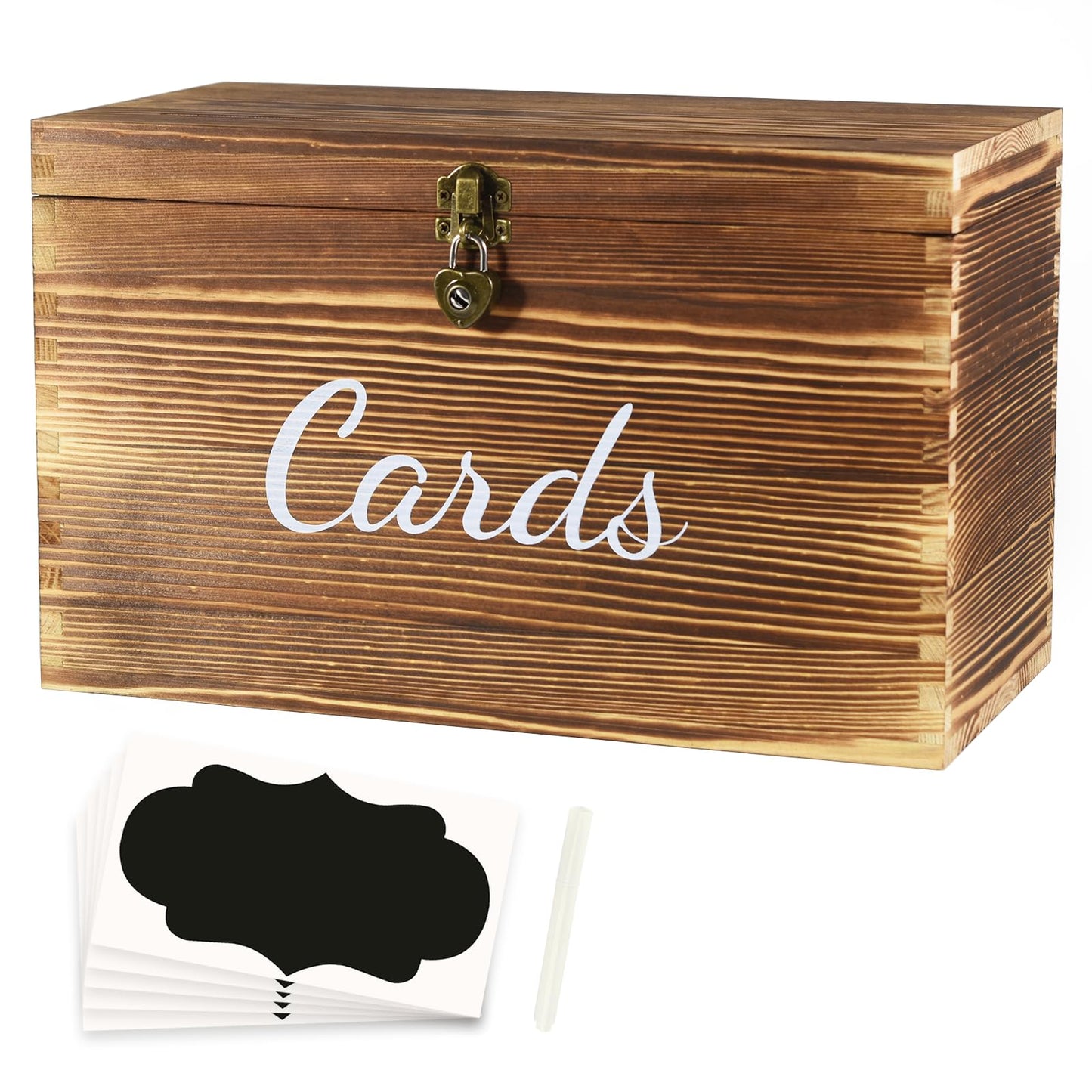 Wongblee Wooden Wedding Card Box with Heart Shape Lock, 5 Chalkboard Label, 1 Erasable Chalk Marker, Rustic Gift Card Holder Box for Birthday, Wedding, Bridal Shower, Baby Shower