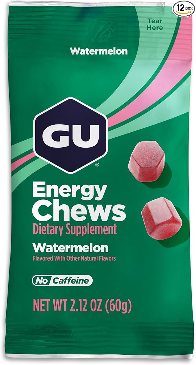 GU Energy Chews, Watermelon Energy Gummies with Electrolytes, Vegan, Gluten-Free, Kosher, Caffeine-Free, and Dairy-Free On-The-Go Energy for Any Workout, 12 Bags (24 Servings Total)