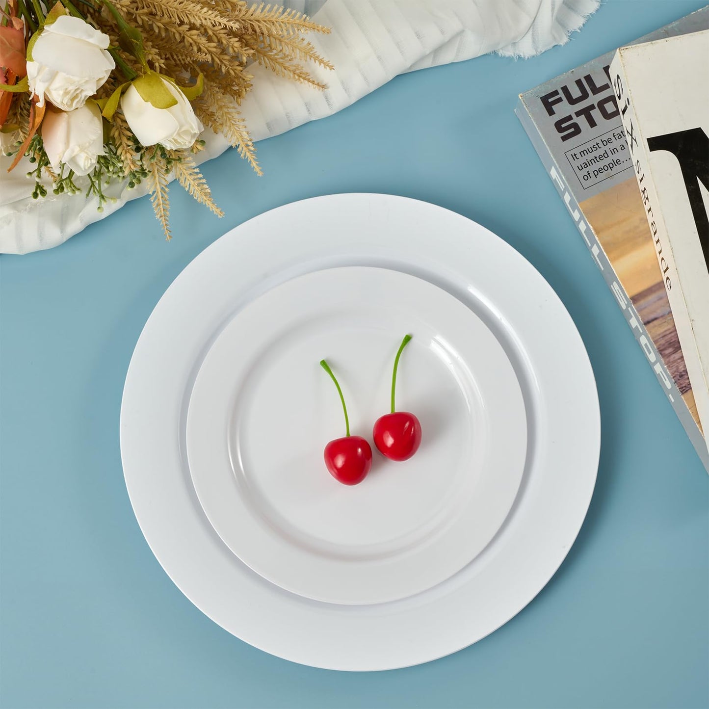 FOCUSLINE 100 Count White Plastic Plates 10 Inch, Disposable Heavy Duty Dinner Plates- Premium Hard Plastic Plates Fancy Disposable White Plates for Weddings, Parties and Events