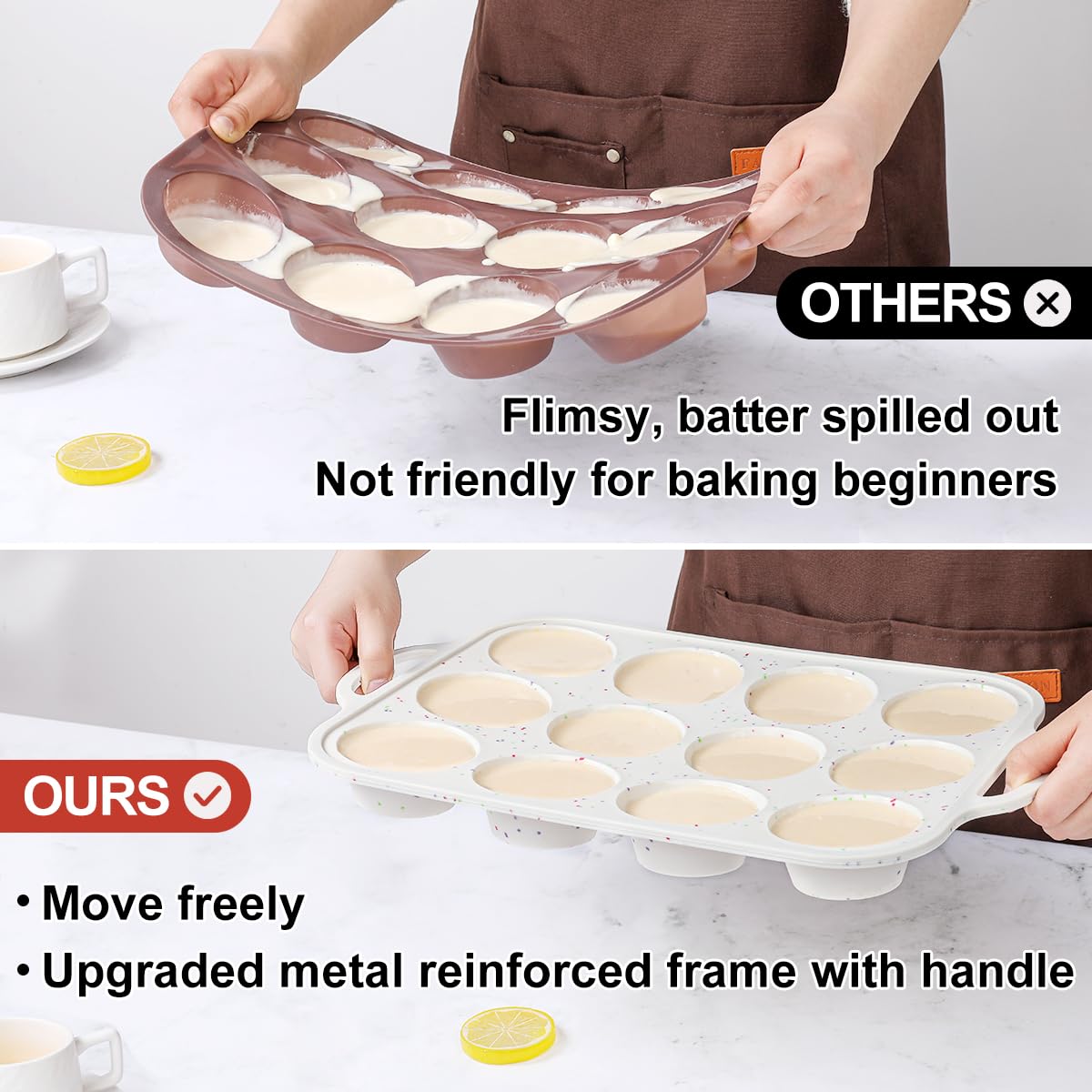 Silicone Muffin Pans for Baking, with Metal Reinforced Frame 2.8 Inch Regular Size Silicone Molds Nonstick 12 Cups for Baking Homemade Muffins, Cupcakes, Egg Bites 2 Pack Dishwasher Safe BPA Free