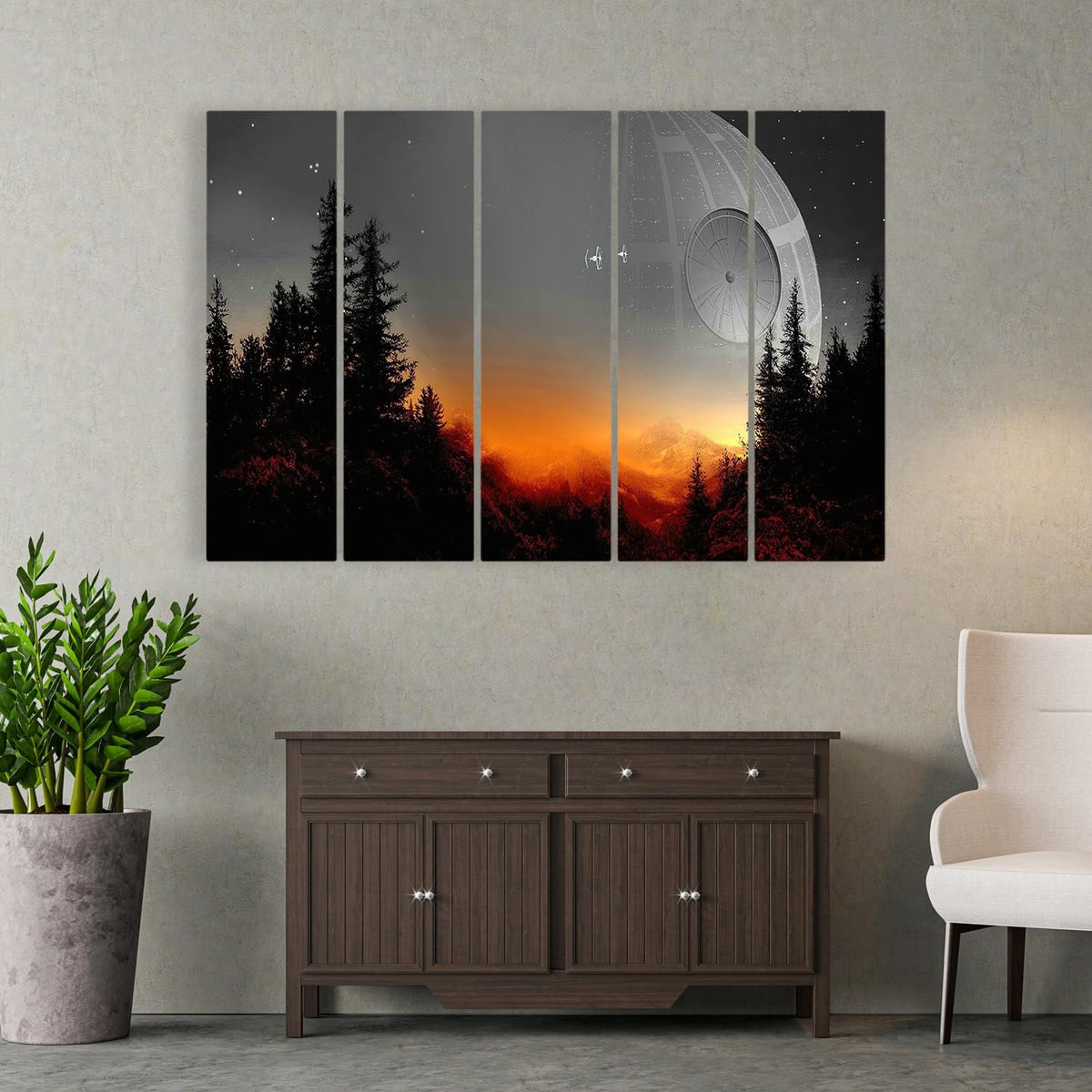 Death Star Inspired Canvas Print Wall Art | Futuristic Space Station Artwork | Smooth Surface Home Decor – Various Sizes (5 Pieces Mega)