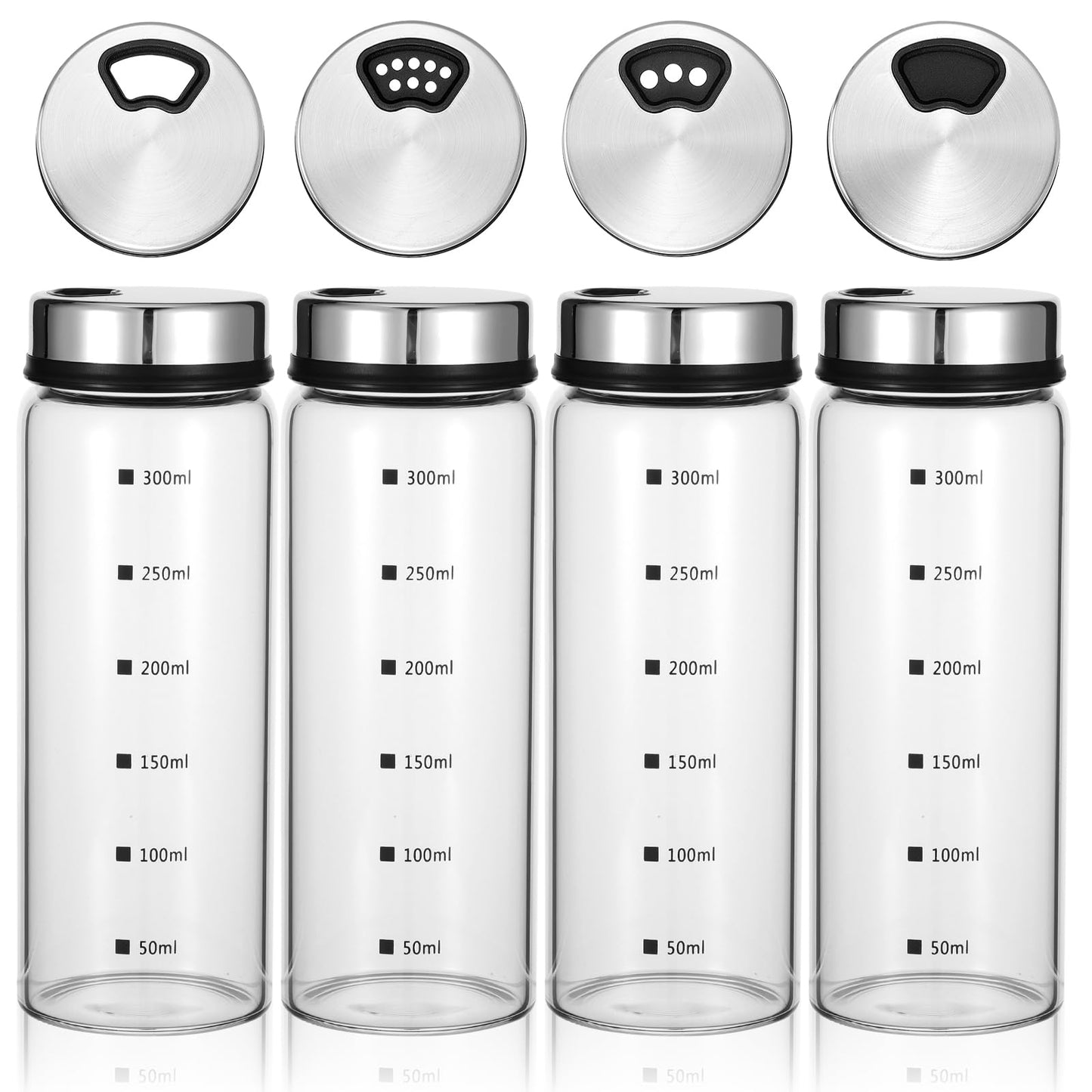 Wanmu 4Pcs Salt Pepper Shakers with Adjustable Outlet Holes, 10 oz Clear Glass Shaker Bottles, Salt Shakers for Kitchen, Spice Seasoning Cans for Kitchen Decor Home Restaurant BBQ Camping