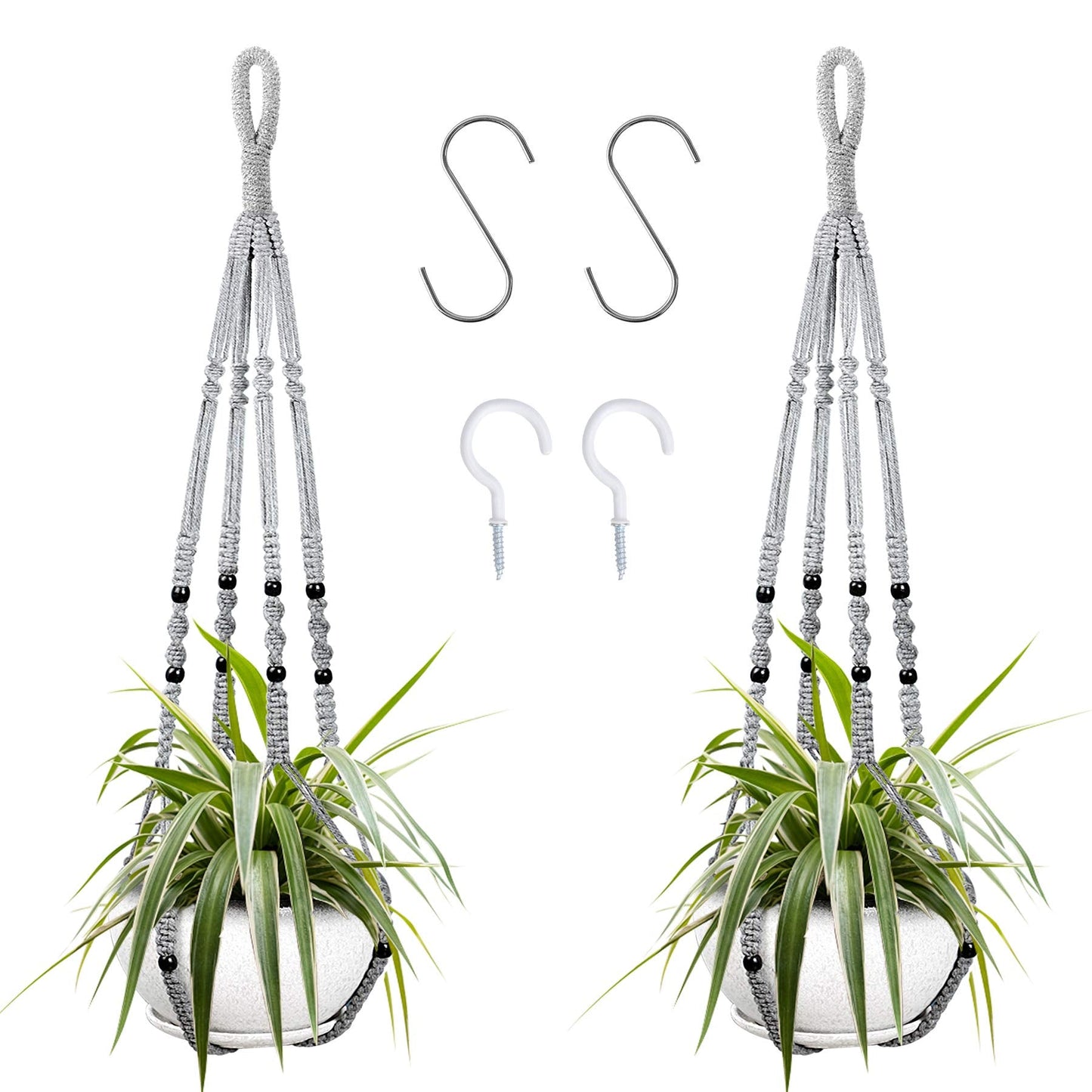 Augshy 2 Packs Macrame Hanging Planter, Indoor Hanging Planter Basket with Wood Beads Decorative Macrame Pot Hanger for Home Decor (Grey)