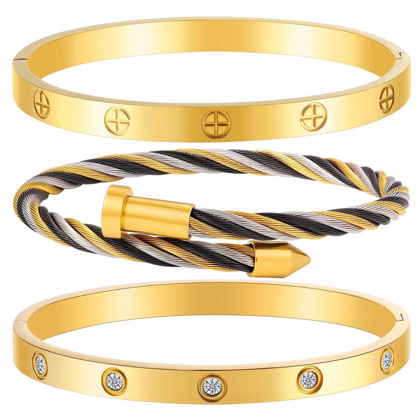 Camhanno Gold Bracelets for Women - Stackable Bangles with Friendship & Love Theme - Stainless Steel Jewelry Gift for Her (Style 10)