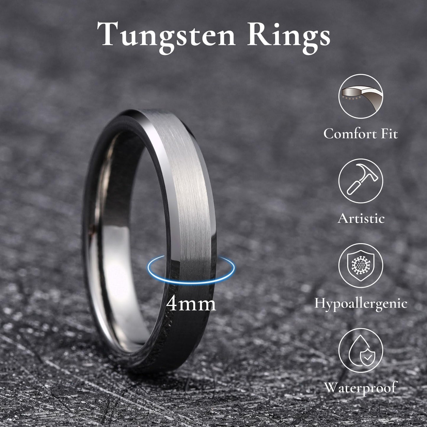 King Will Gunmetal Basic Tungsten Rings For Men 4mm Wedding Band Polished Edge Brushed Matte Promise Ring Comfort Fit, Size 9