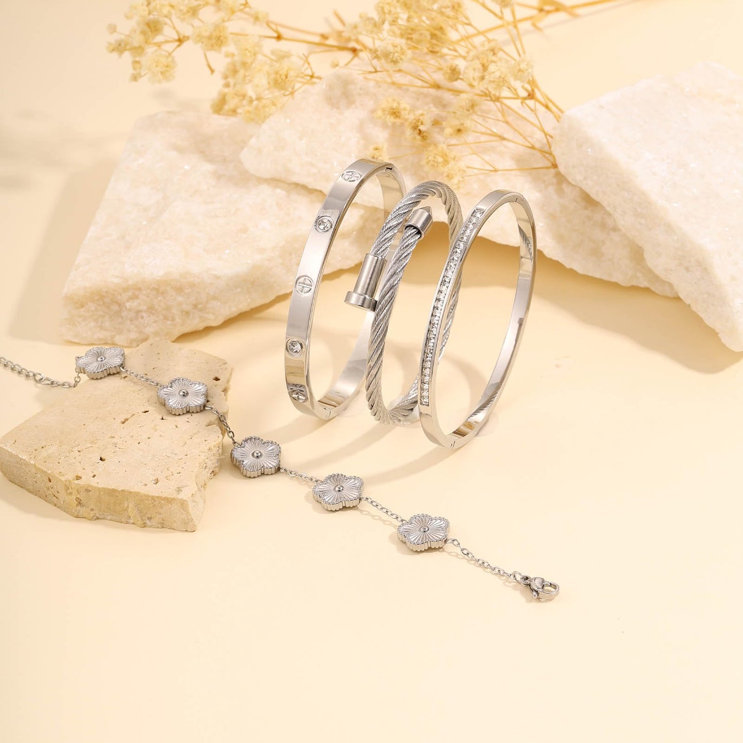 ISELBDR 18K Silver Bracelets for Women - Stackable Clover & Nail Love Bangle Set - Non-Tarnish Stainless Steel Jewelry for Valentine's, Mother's Day & Christmas (Silver-1)