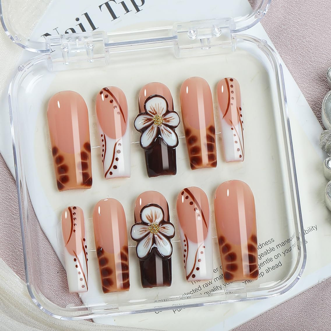 Handmade Acrylic Square Press-On Nails 10pcs, Brown & White Glossy Tips with 3D Floral Art, Tortoise Shell Gradient French Design, Reusable Full Cover Nail Set – Appife