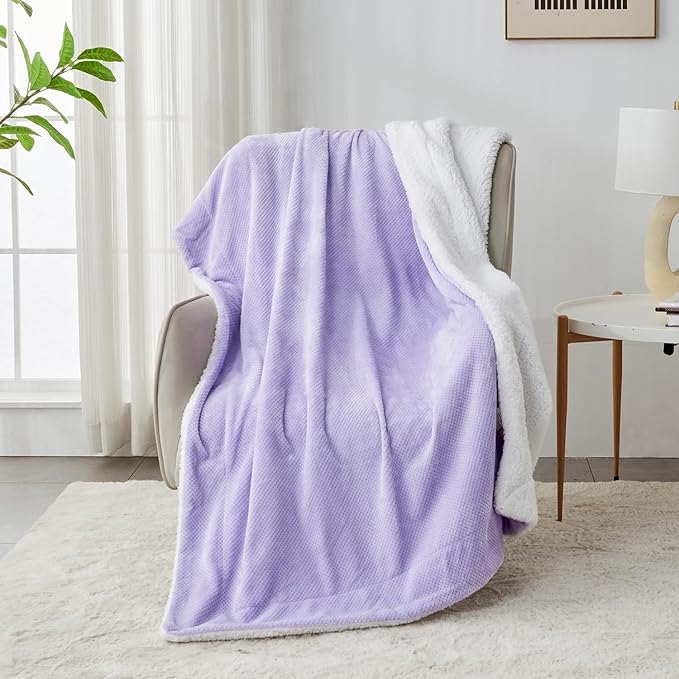 SOCHOW Waffle Sherpa Fleece Throw Blanket, Super Soft Fuzzy Warm, Lightweight Fluffy Reversible Plush Blanket for Bed Sofa Couch, 50 x 60 Inches Lilac