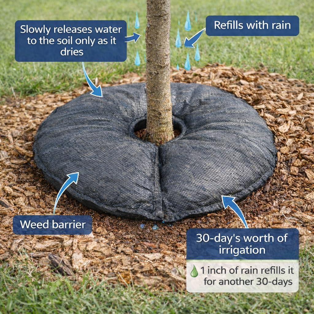 SteadySpring® 24" Smart 30+Day Tree Watering Mat - AUTO Refills with RAIN and Slow Releases As Plant Needs - for Root Balls 11" - 15" Dia Slow Release Technology Prevents Over and Under Watering (2)