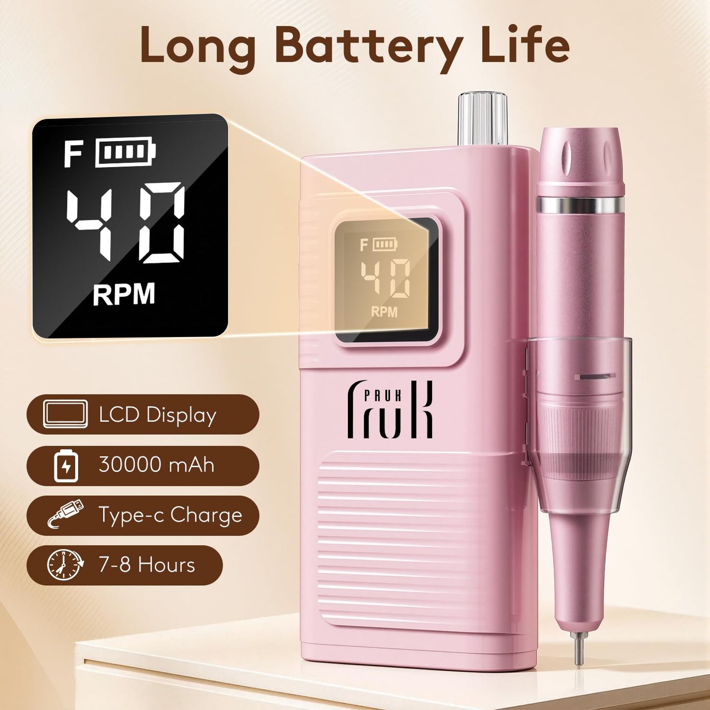 Pruk Professional Electric Nail Drill Kit, Portable 40000RPM Cordless E-File with LCD Display, 7 Drill Bits & 56 Sanding Bands, Manicure Nail Machine for Salon Home, Training & Travel, Pink