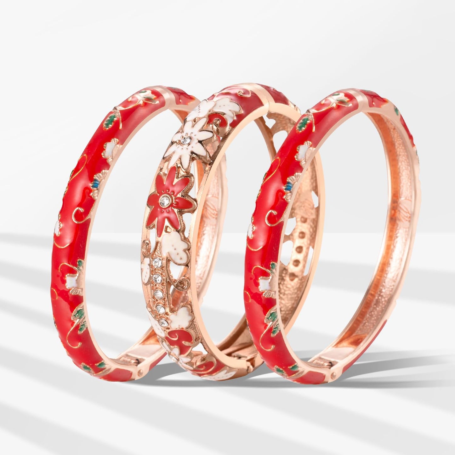 UJOY Vintage Jewelry Cloisonne Handcrafted Enameled Gorgeous Rhinestone Butterfly Gold Hinged Cuff Bracelet Bangles Gifts 88C11-3PCS red