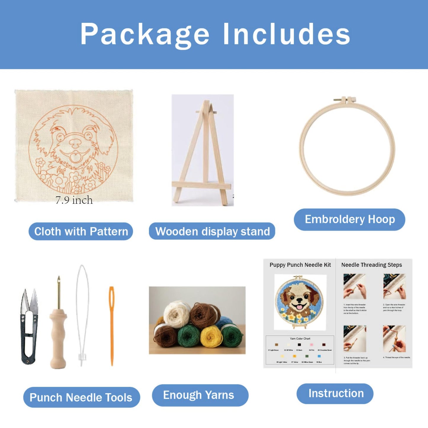 TINKAZ Smiling Dog Punch Needle Kit for Beginners, DIY Embroidery Starter Set with Yarn, Fabric & Hoop, Cute Handmade Needlepoint Craft Kit for Home Décor & Gift