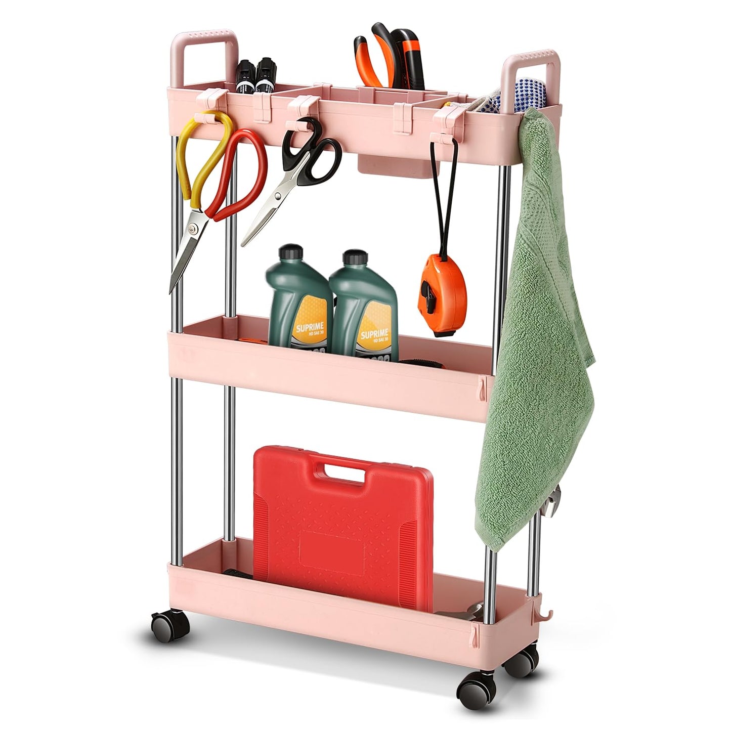 Auto Dynasty 3 Tier Slim Rolling Cart with Handle, Multifunction Utility Storage Rolling Cart, Movable Storage Organizer with Wheels for Office, Bathroom, Kitchen, Narrow Places (Pink)