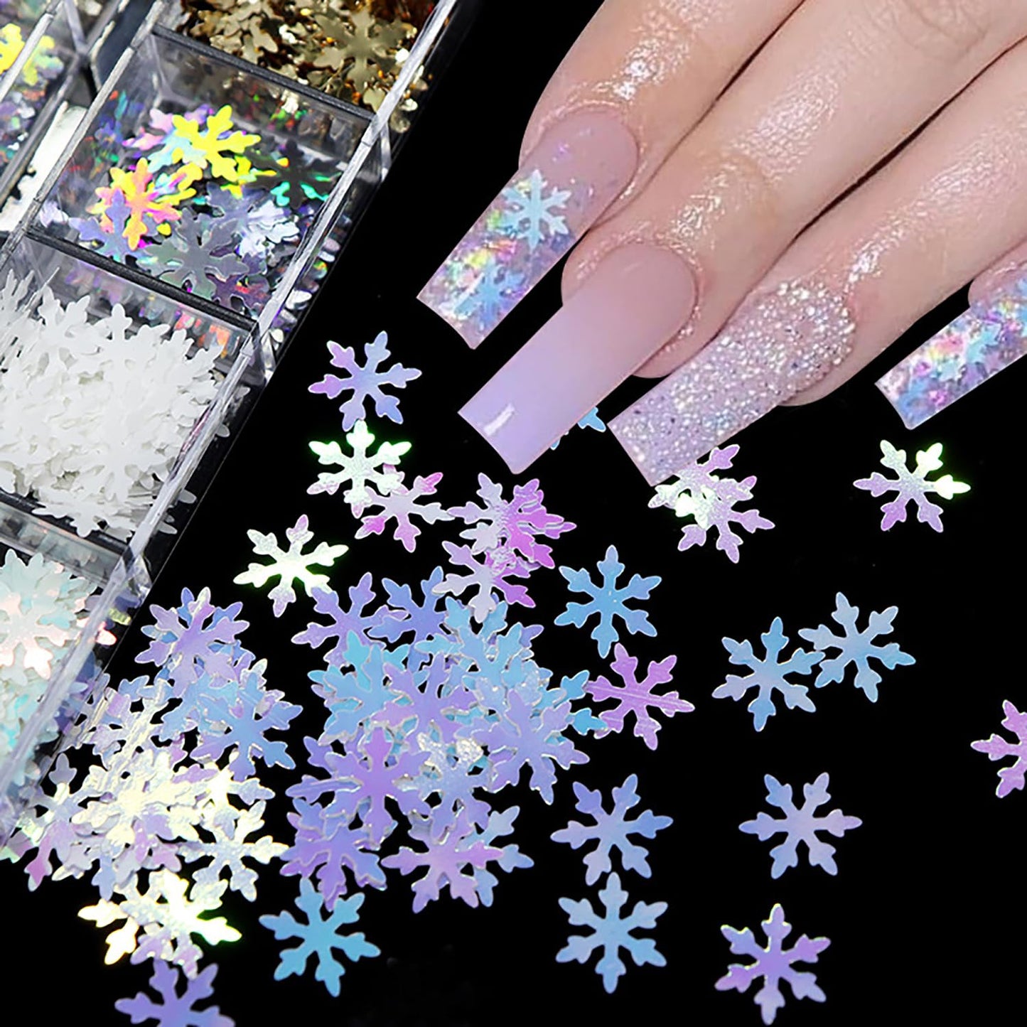 Snowflake Nail Glitter Flakes, Christmas Snowflake Glitter Nail Sequins Gold Silver Red Snowflake Design Nail Supplies for Women Manicure Charms Decorations, DIY Sparkly False Nails Crafts
