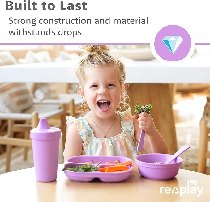 Re-Play Toddler Plates with Dividers - Deep-Walled 3 Compartments Divided Plates for Kids with 3 Lids - Dishwasher & Microwave Safe - Made in USA - Set of 3-7.37" x 7.37" x 1.25" - Princess