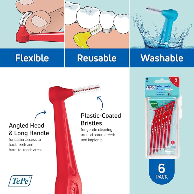 TePe Interdental Brush Angle, Angled Dental Brush for Teeth Cleaning, Pack of 6, 0.5 mm, Extra-Small/Small Gaps, Red, Size 2