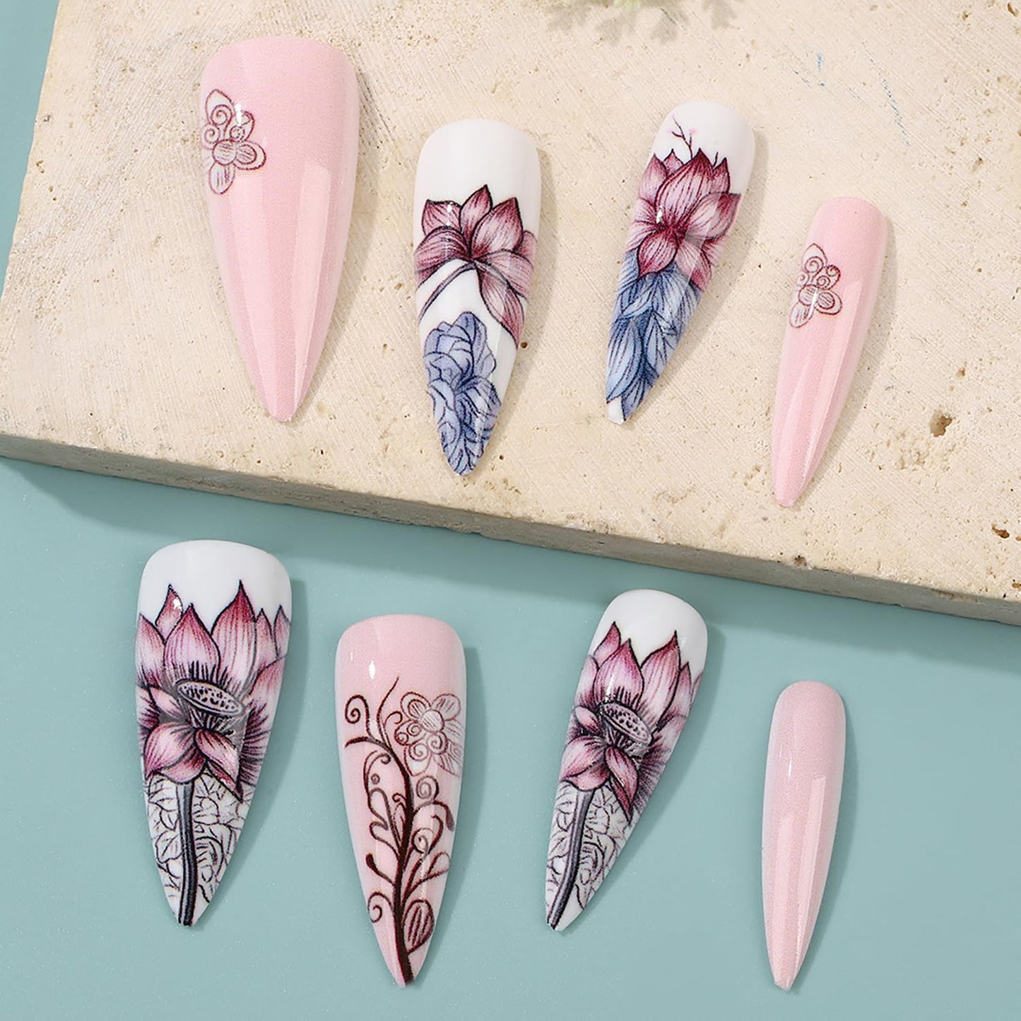 CJDLTS 24Pcs Flower Almond Tip Press on Nails Medium Length Lotus Pattern Design Full Cover Glossy Acrylic False Nail Nude Pink Artificial Stick on Nail Press Ons Blossom Glue on Nails for Women