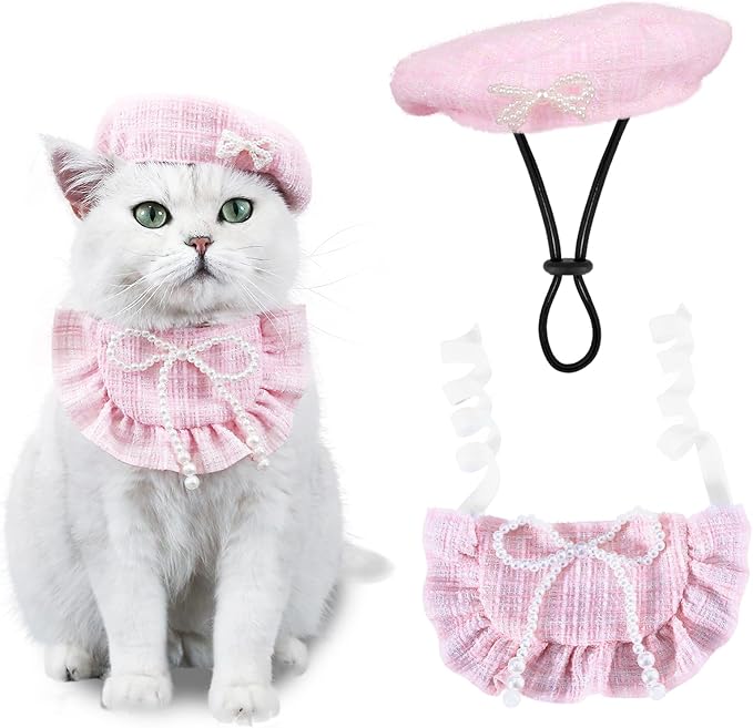 HOWWFALY Adorable Cat Princess Costume Blue Cat Beret with Little Heart & Lace Rabbit Bib Scarf Set, Adjustable Pet Costume for Halloween Christmas Birthday Parties