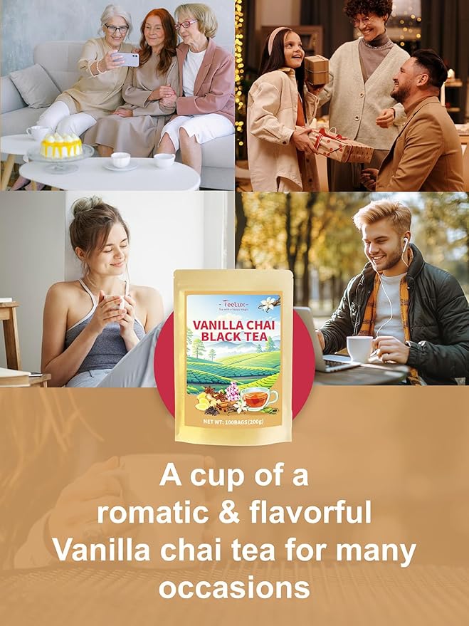 TeeLux Vanilla Chai Tea Bags, Premium Black Tea with Cinnamon, Ginger, Cardamom, Star Anise, Full-bodied & Spicy Flavor, 100 Count