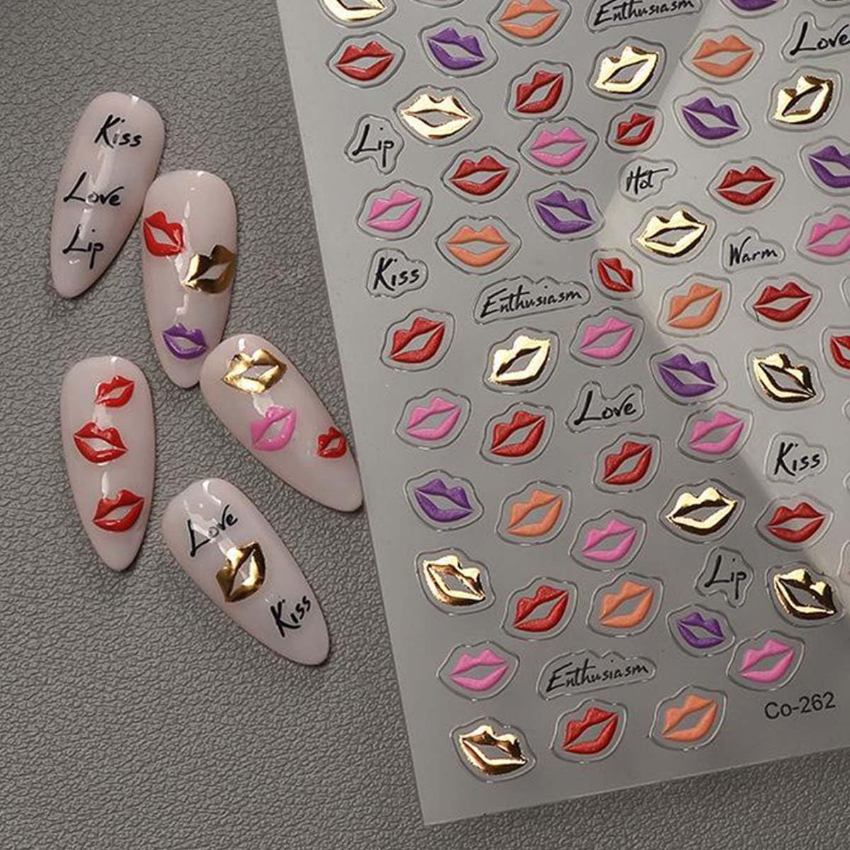 HPYFOI 5D Embossed Lip Nail Stickers - Red, Pink, Gold - Self-Adhesive Nail Art Stickers - DIY Manicure Decor - 1 Sheet