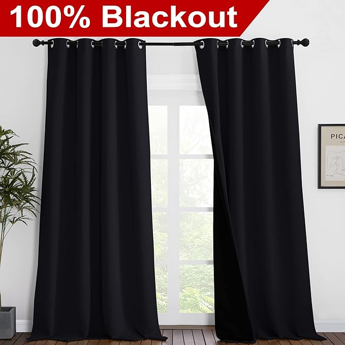 NICETOWN Extra Long Truly Blackout Drapes for Hall and Villa, 100% Blackout Window Curtain Panels with Black Lined for Night Shift Worker, 55-inch Width Each Panel, 102-inch Length, Black, 2 Pieces