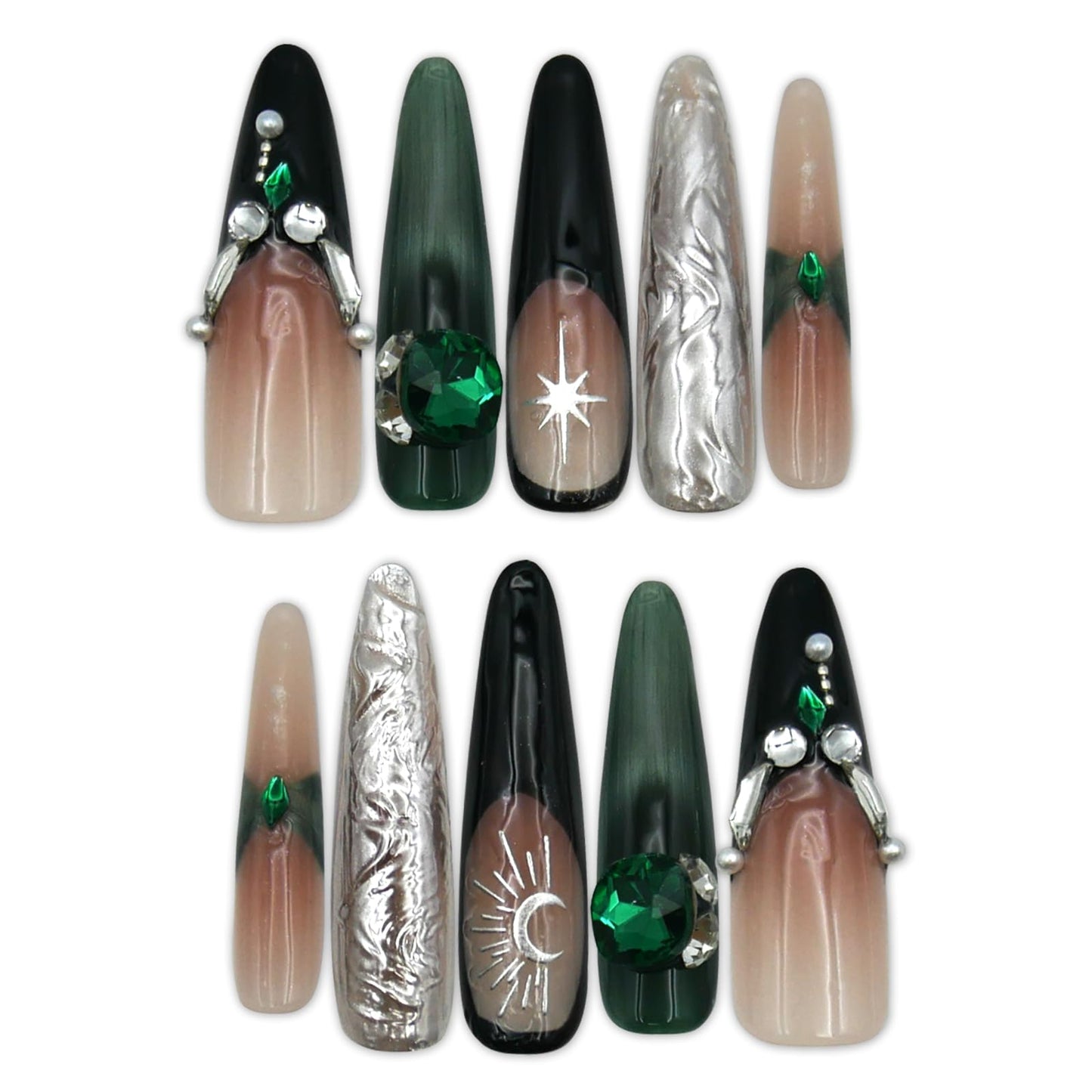 Long Coffin Style Press-on Nails Stiletto Fake Nails,design with 3D Moon, green and silver, Bling Glitter, Exaggerated decoration. 10Pcs Nail Kit for Women Girls Luxury Manicure.