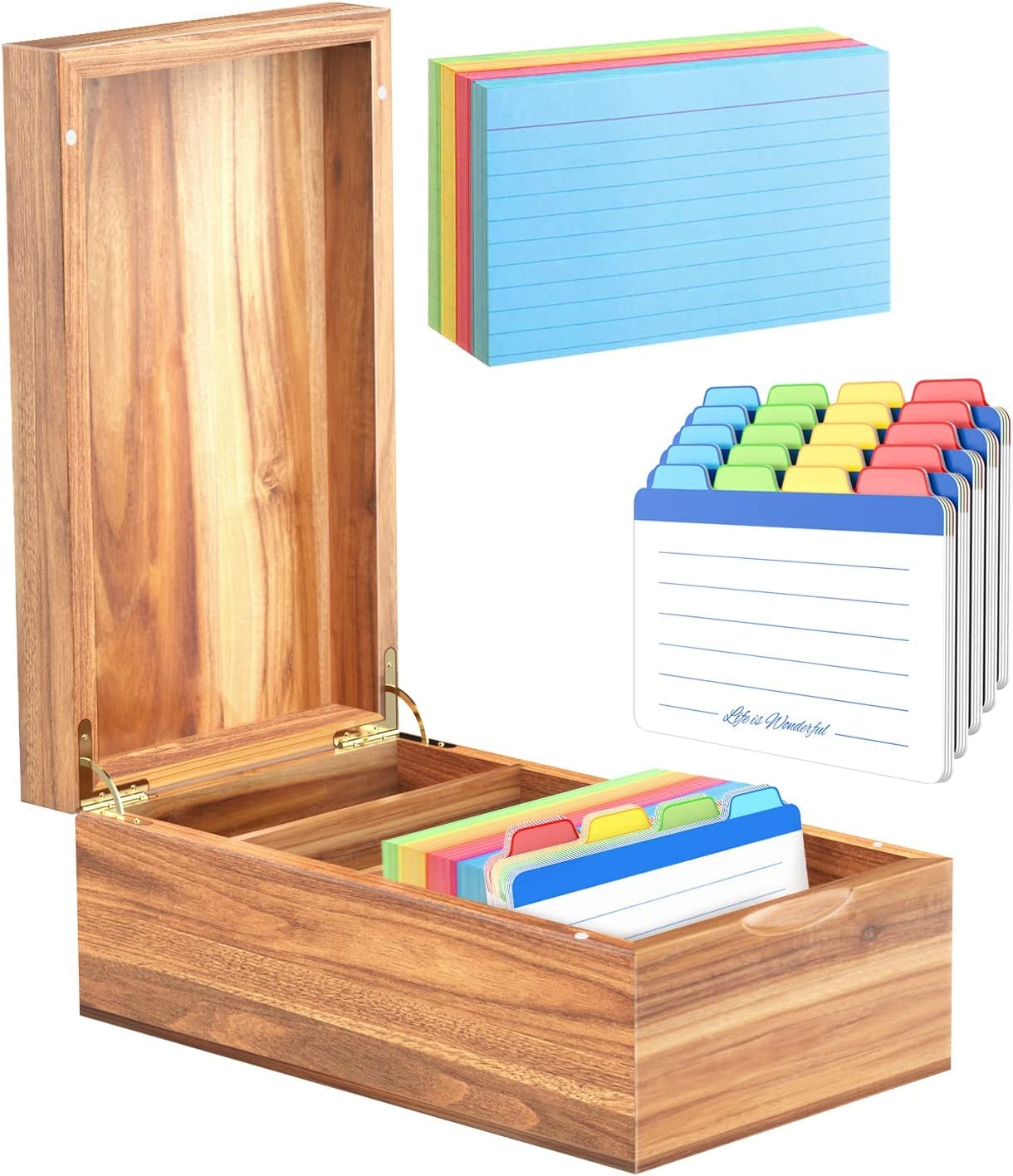 Neando 3x5 Index Card Organizer Box with Lid – Acacia Wood Note Card Holder with 200 Cards & 20 Dividers, Holds 600 Cards, 4 Compartments, Magnetic Closure – Desktop Storage for Study, Office, Recipes