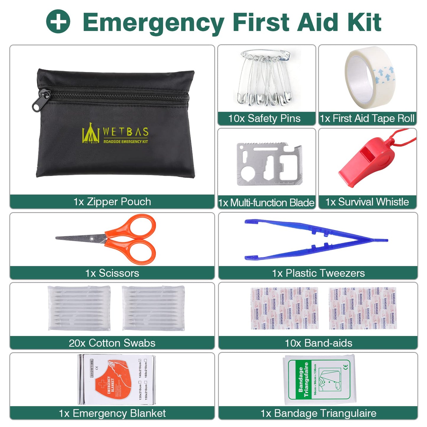 WETBAS Car Roadside Emergency Kit, Auto Vehicle Safety Emergency Road Side Assistance Kits Essentials, with Jumper Cables, Safety Hammer, Reflective Warning Triangle