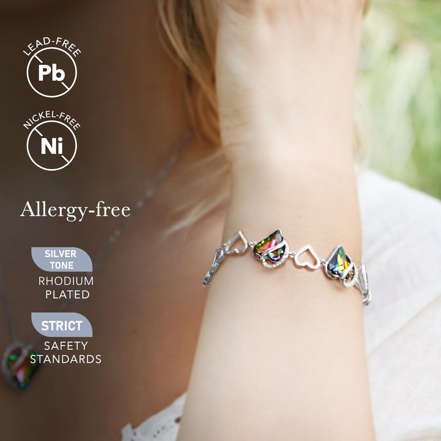 Leafael Infinity Love Heart Gift Bracelet for Women, Healing Stone for Protection, Rainbow Tourmaline Black, Silver Tone, 7-inch Chain and 2-inch Extender