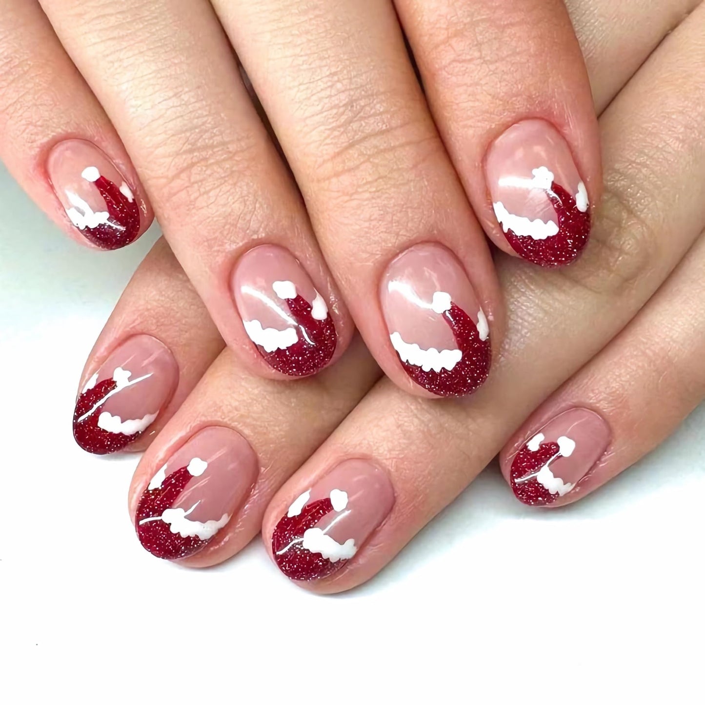 BABALAL Christmas Press on Nails Short Almond Fake Nails Red French Tip Glue ons Nails Christmas Hat Design Acrylic Nails 24Pcs Stiletto False Nails Xmas Bling Stick on Nails