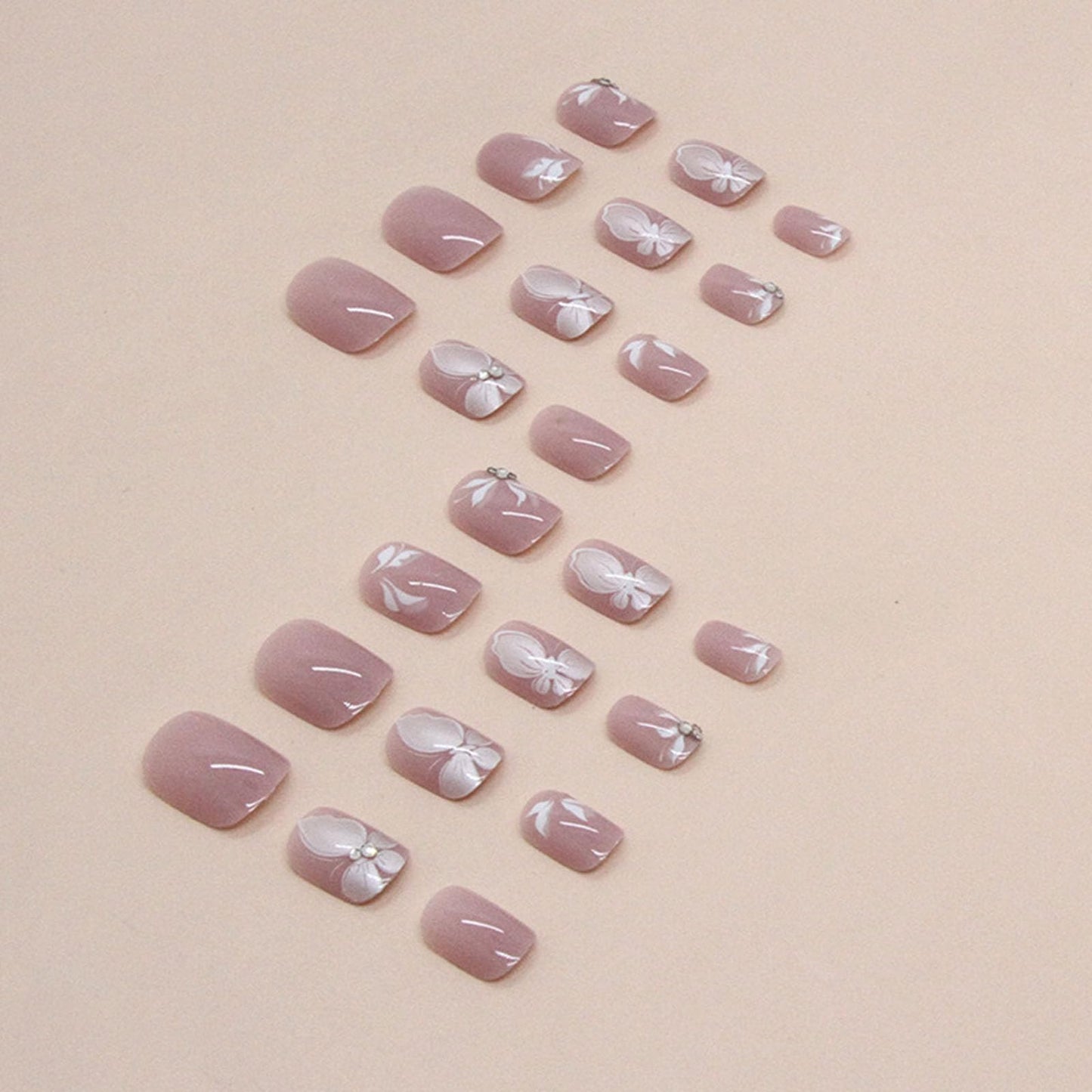 Square Press on Nails Short Fake Nails with White Butterfly Rhinestones Designs Light Pink Nails Press ons Cute Acrylic Nails Glossy Glue on Nails Spring Summer Stick on Nails for Women 24Pcs