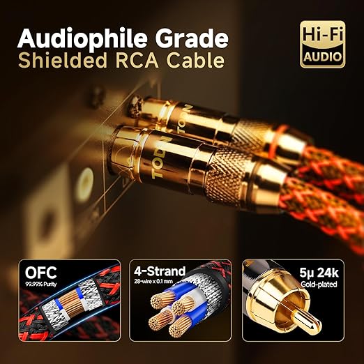 TODN RCA Cables for Audiophile 3ft HiFi Stereo Shielded RCA to RCA Audio Cable for Car, Subwoofer, 4-Core OFC, 5μ Gold Plated Plug (3 foot/1m, 1 Pair)
