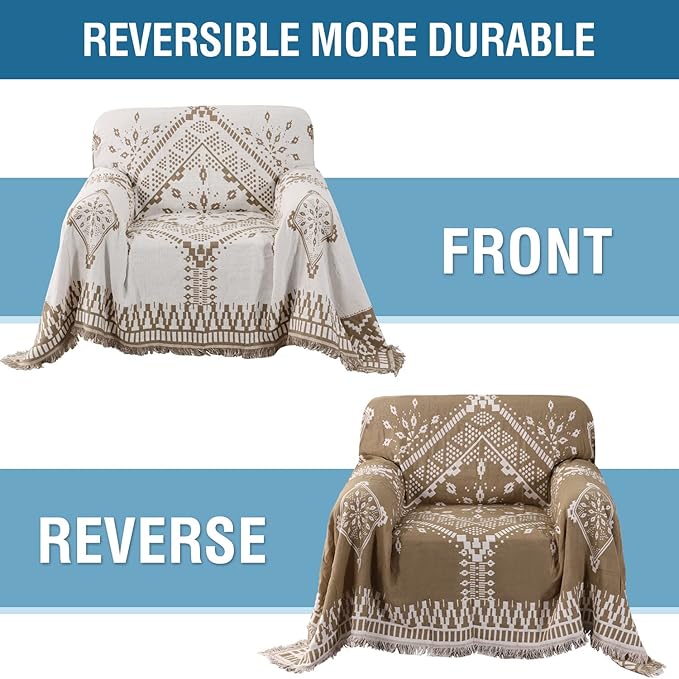H.VERSAILTEX Reversible Sofa Cover Couch Cover for Dog Sofa Slipcover for Most Shape Sofa Furniture Protector with Tassels Sectional Couch Cover (Medium: 71" x 91", Sand/White)