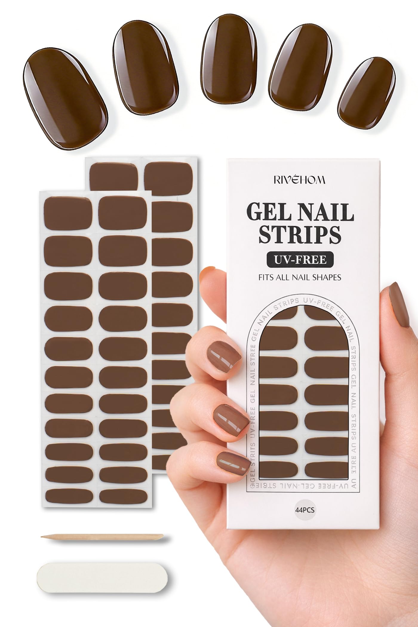 Gel Nail Strips 44Pcs, No UV/LED Lamps Needed, Pre-Cured Nail Stickers for Women Salon Quality, Polish Wraps Long Lasting, Easy Apply & Remove (Brown)
