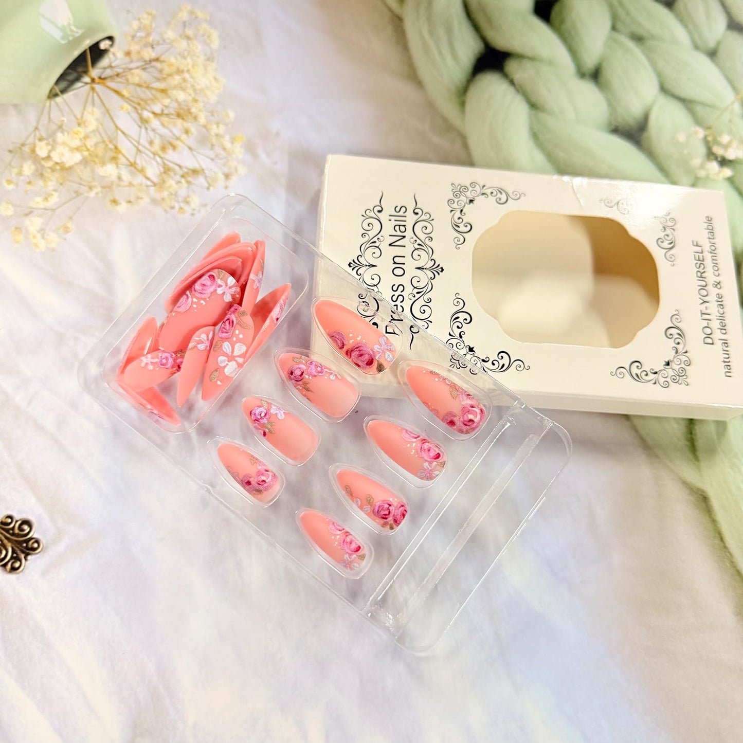 Spring Summer Press on Nails Almond Medium Fake Nails with Designs Pink Purple Flower Stick on Nail Matte Acrylic False Nail Cute Artificial Nail Full Cover Glue on Nails for Women 24Pcs