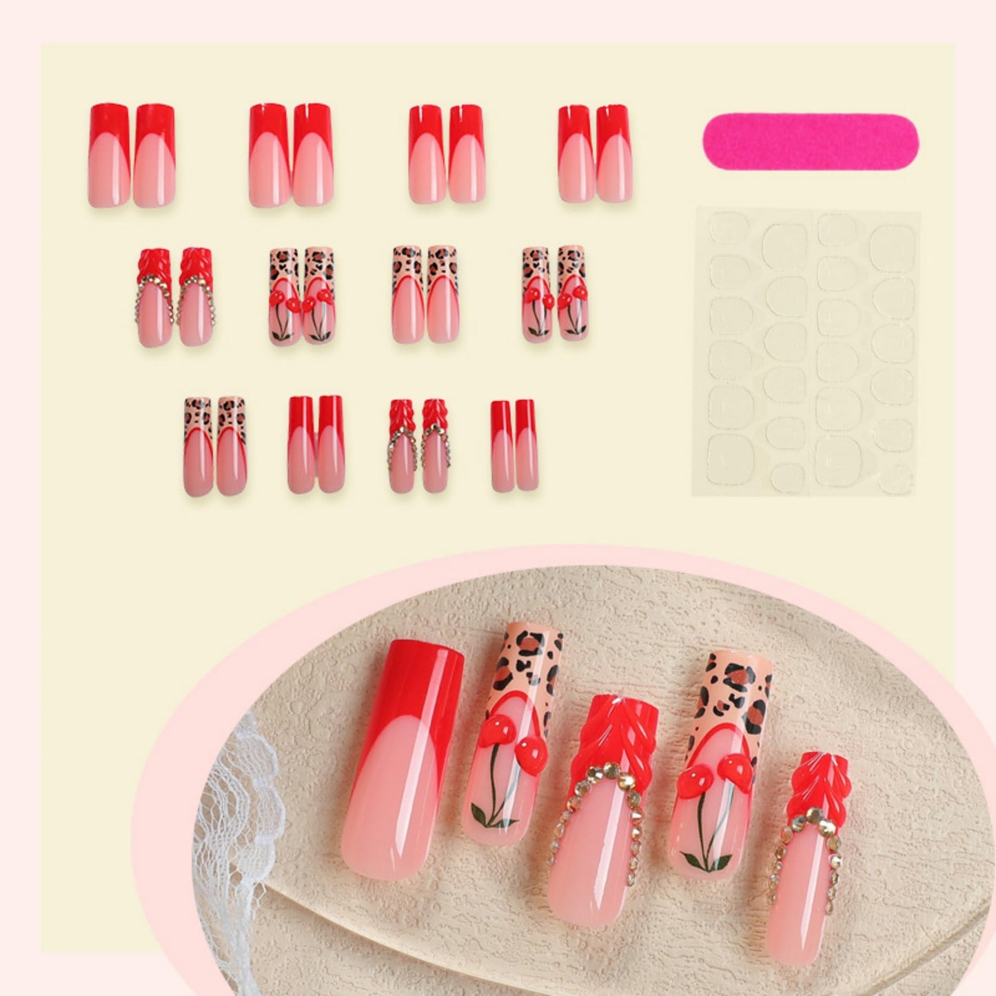 SEENEEY Long Press on Nails Square Red Cherry Stick on Nail for Women 24pcs