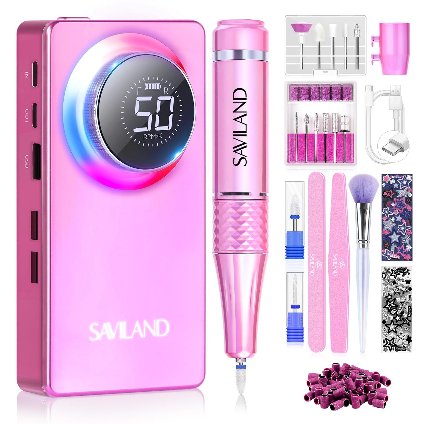 SAVILAND Professional Nail Drill Kit: 50000RPM Rechargeable Electric Nail File Machine E-File with 6000mAh Battery, Ceramic Bits and Stickers for Manicure Pedicure Shaping & Acrylic Removal Salon Use